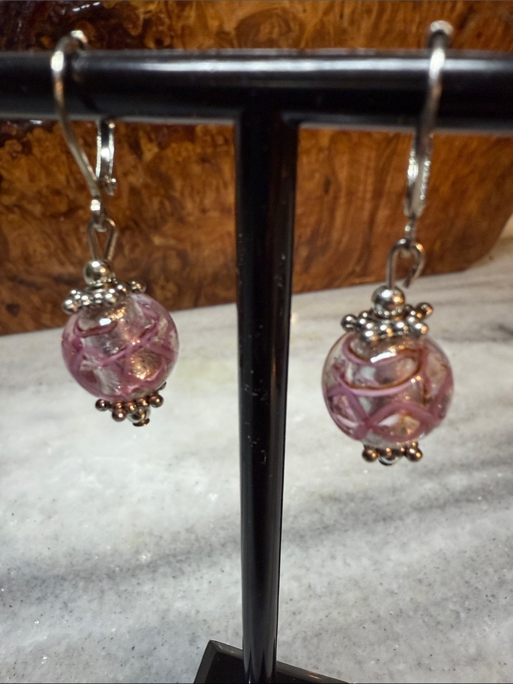 Murano Pink Glass Bead Drop Earrings with Silver Accents - Picture 4 of 4